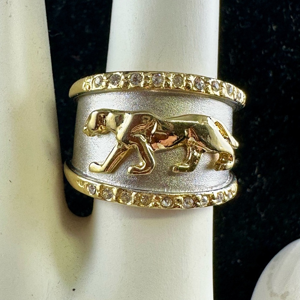 Two-Tone Gold & Silver Cartier Panther Style Ring with CZ Diamond accents, SZ 5